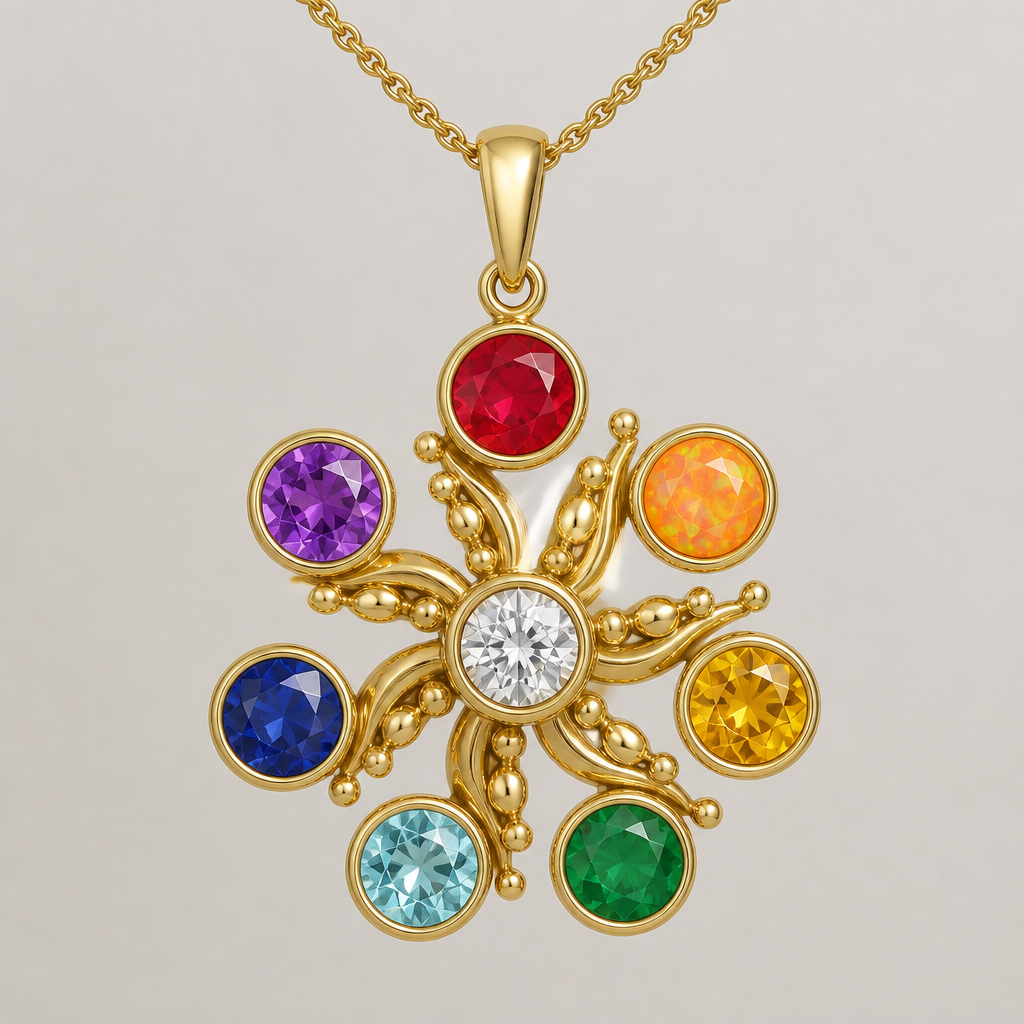 A pendant women's necklace made of gold with ruby and opal and topaz and emerald and sapphire and amethyst and aquamarine and diamond stones suitable for gift, detailed and decorative, moderately ornate. Pendentif en or en forme de soleil à sept branches ( dans le sens des aiguilles d'une montre) première branche un rubis, deuxième branche une opale orange, troisième branche une topaze jaune, quatrième branche une émeraude, cinquième branche une aigue marine, sixième branche un saphir, septième branche une améthyste et au milieu du pendentif un diamant. (Toutes les pierres font 5mm de diamètre)
photorealistic jewelry design, A pendant women's necklace made of gold with ruby and opal and topaz and emerald and sapphire and amethyst and aquamarine and diamond stones suitable for gift, detailed and decorative, moderately ornate. Pendentif en or en forme de soleil à sept branches ( dans le sens des aiguilles d'une montre) première branche un rubis, deuxième branche une opale orange, troisième branche une topaze jaune, quatrième branche une émeraude, cinquième branche une aigue marine, sixième branche un saphir, septième branche une améthyste et au milieu du pendentif un diamant. (Toutes les pierres font 5mm de diamètre), pendant style, just the design no text