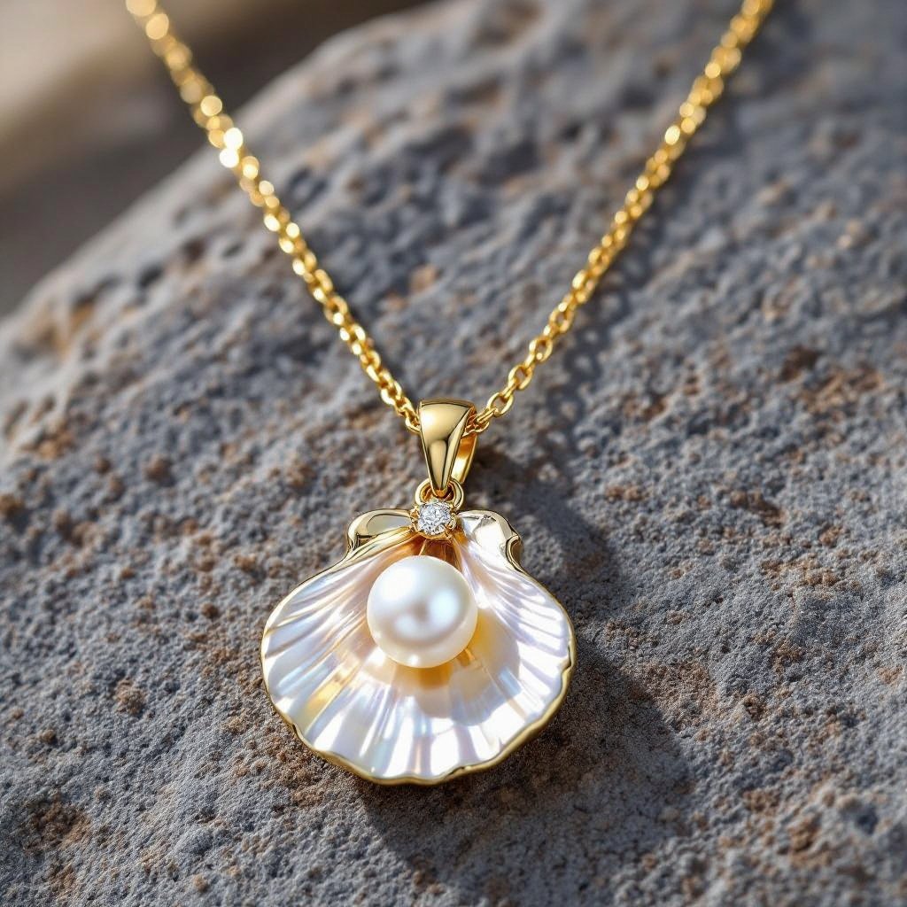 Украшение на шею золотая цепочка с подвеской в виде ракушки с жемчугом внутри