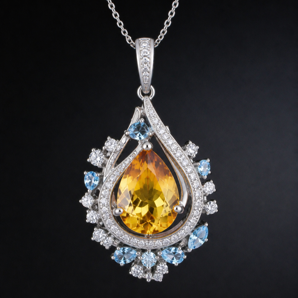 A women's pendant made of white gold with diamond and topaz stones suitable for party. for center yellow Sapphire pear shape size 13.8X11.06X8.9 mm.and round diamond
photorealistic jewelry design, A women's pendant made of white gold with diamond and topaz stones suitable for party. for center yellow Sapphire pear shape size 13.8X11.06X8.9 mm.and round diamond, modern style, just the design no text