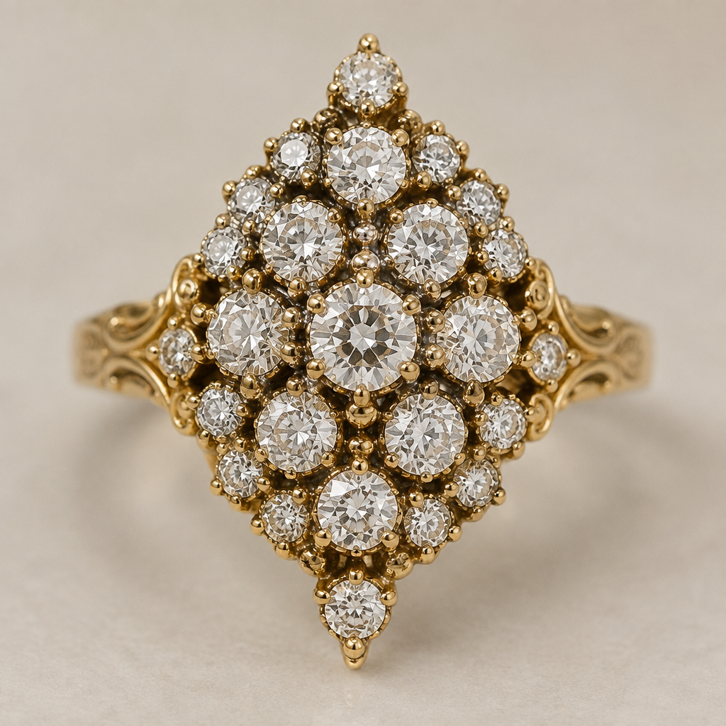 A victorian women's ring made of gold with diamond stones. 34 cluster diamonds ranging in size, but no larger than .25 of a carat
photorealistic jewelry design, A victorian women's ring made of gold with diamond stones. 34 cluster diamonds ranging in size, but no larger than .25 of a carat, victorian style, just the design no text