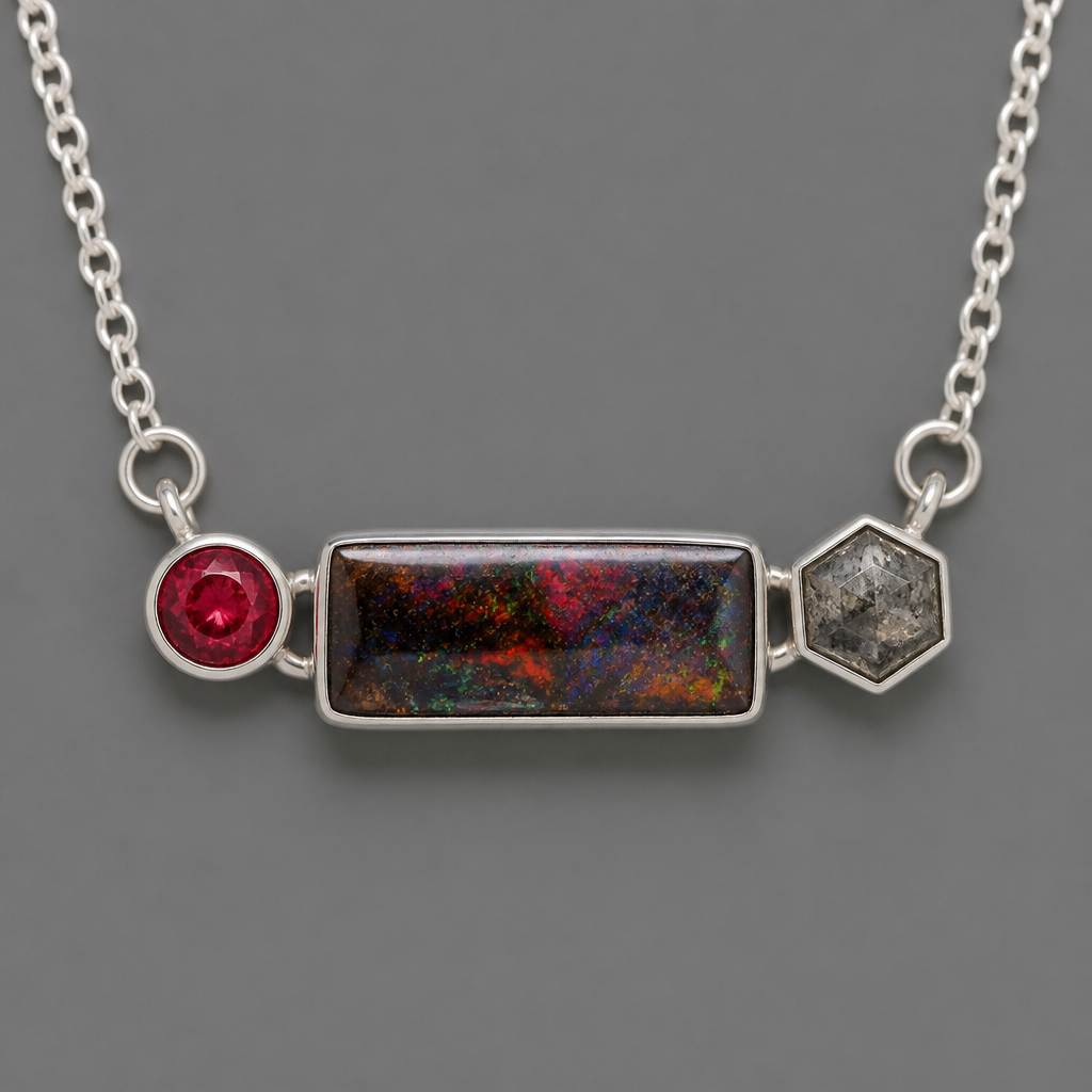 5mm round red beryl, 21x13mm rectangle boulder opal, 5mm hexagon salt and pepper diamond pendant sideways using jump rings on both sides to hang on chain
photorealistic jewelry design, 5mm round red beryl, 21x13mm rectangle boulder opal, 5mm hexagon salt and pepper diamond pendant sideways using jump rings on both sides to hang on chain, modern style, just the design no text