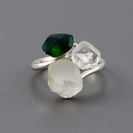 Design silver adjustable ring, use minimum silver, use 2 raw natural gemstones 
