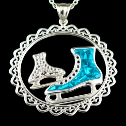 Silver pendant in of ice figure skating blades with one blade silver and one blade of turquoise