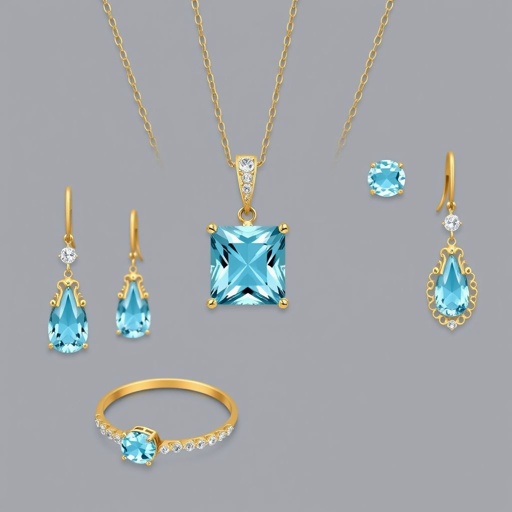 A aquamarine gemstone princess cut, 30 carat necklace, earrings, ring, and bracelet