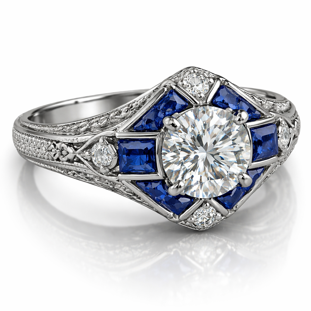 A silver ring with diamond in the middle sapphires in the sides and beautiful sides on the silver
A silver ring with diamond in the middle sapphires in the sides and beautiful sides on the silver, art_deco style
