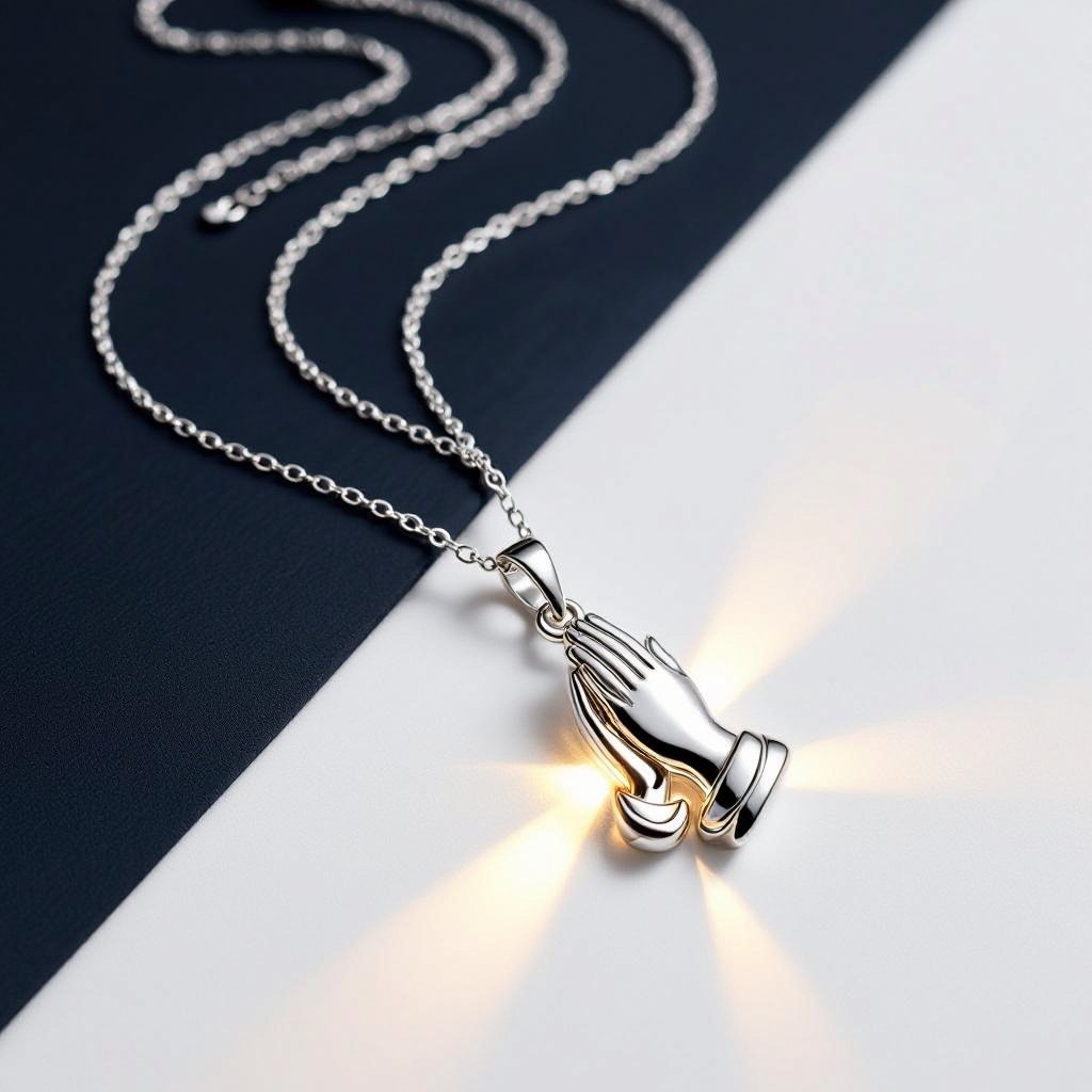 Украшение на шею серебряная цепочка с подвеской в виде двух ладоней сложенных в молитве и от них исходит свет в стороны