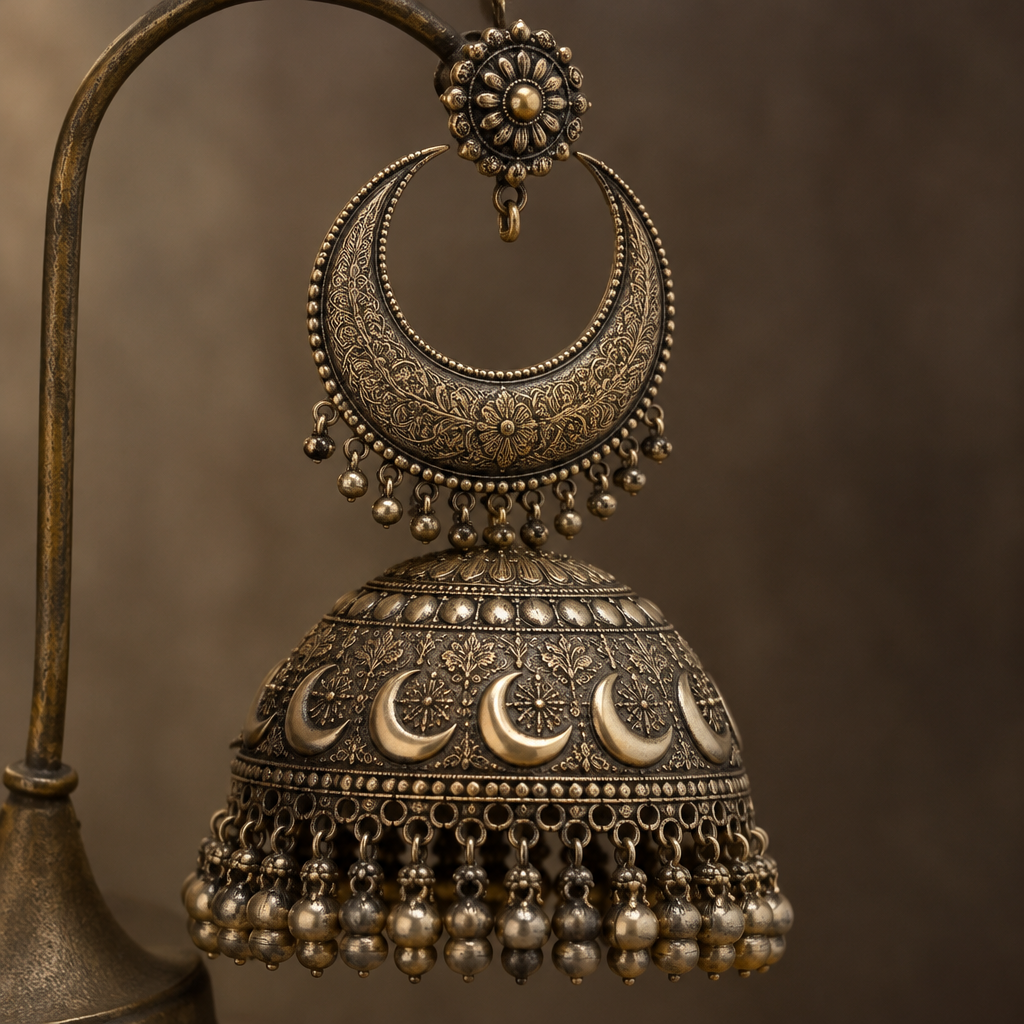I want a huge jhuma with the design of half moon on it
photorealistic jewelry design, I want a huge jhuma with the design of half moon on it , antique style, just the design no text