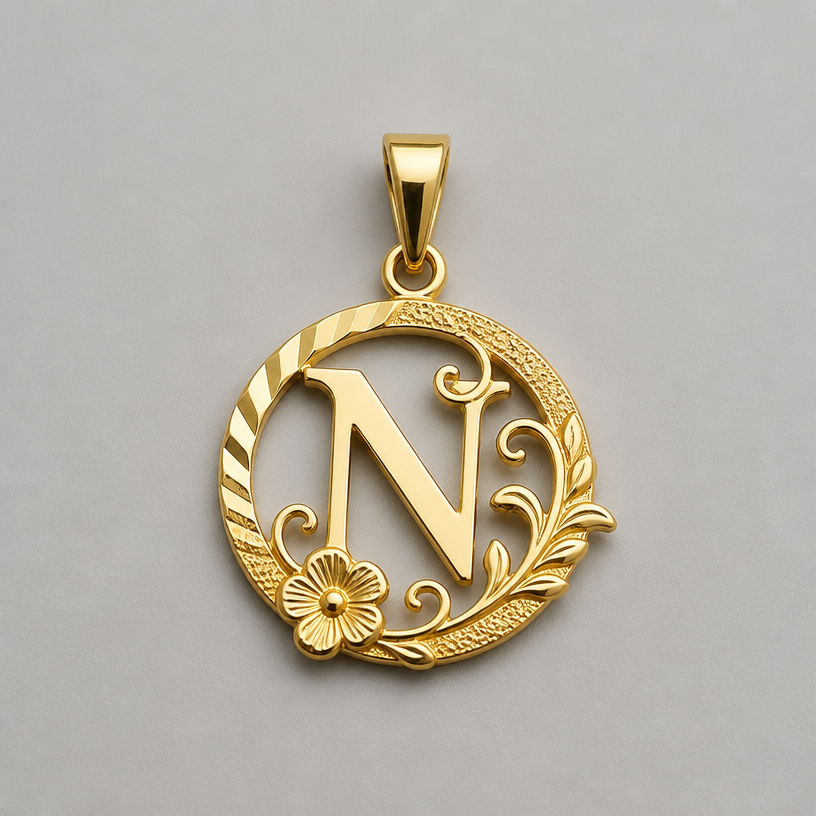 A modern women's pendant made of gold, detailed and decorative, moderately ornate. dije de 3 gramos con inicial N
using the attached image as a visual reference, create A modern women's pendant made of gold, detailed and decorative, moderately ornate. dije de 3 gramos con inicial N. photorealistic, just the design no text