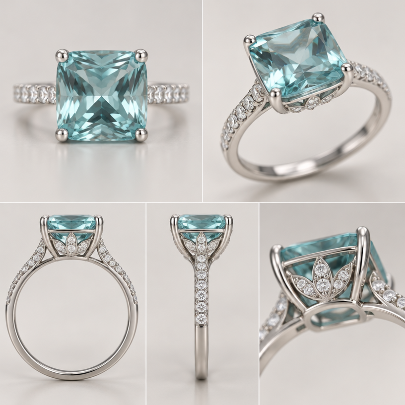 A women's ring. 2.8 ct white gold hidden bail o4 prong open basket wirh a pretty badket with a few diamond accents
using the attached image as a visual reference, create A women's ring. 2.8 ct white gold hidden bail o4 prong open basket wirh a pretty badket with a few diamond accents. photorealistic, just the design no text