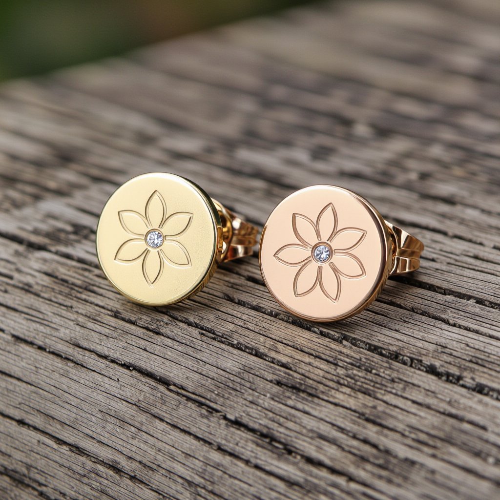 Пуссеты винтовой замок круглый символ цветка жизни с маленьким фианитом по центру