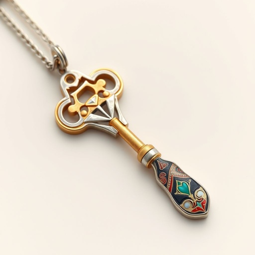 Old skeleton key shape gold and silver tones with olive branch turning on leg and keffieh print on the tip