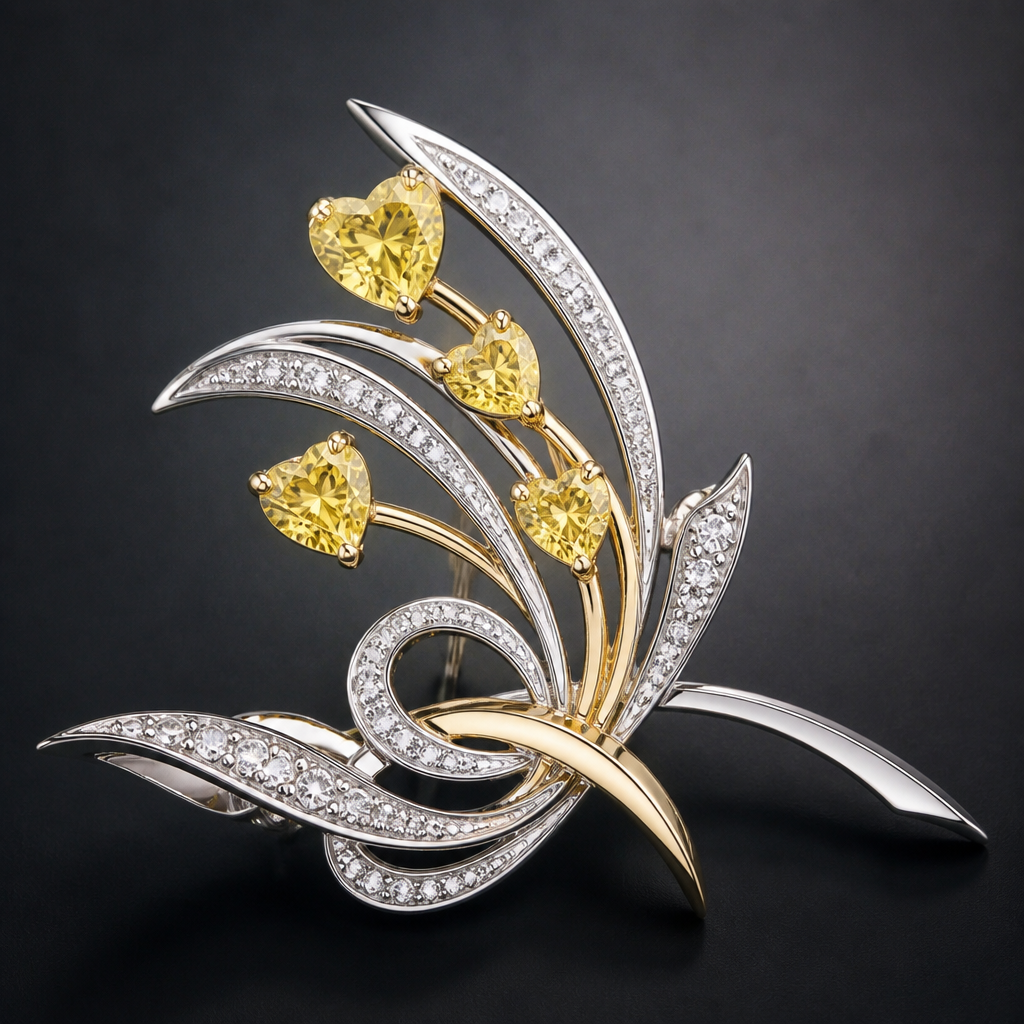 A brooch with heart shaped yellow diamonds.
photorealistic jewelry design, A brooch with heart shaped yellow diamonds., modern style, just the design no text