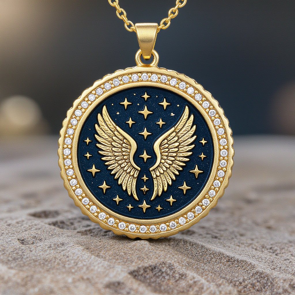 Золотой матовый медальон в форме неровного круга с неровными краями. По краям выпуклые точки сплошной линией. На круге выгравирован ангел без фигуры, видно только крылья и вокруг здездочки и разные узоры и украшен миниатюрными камнями