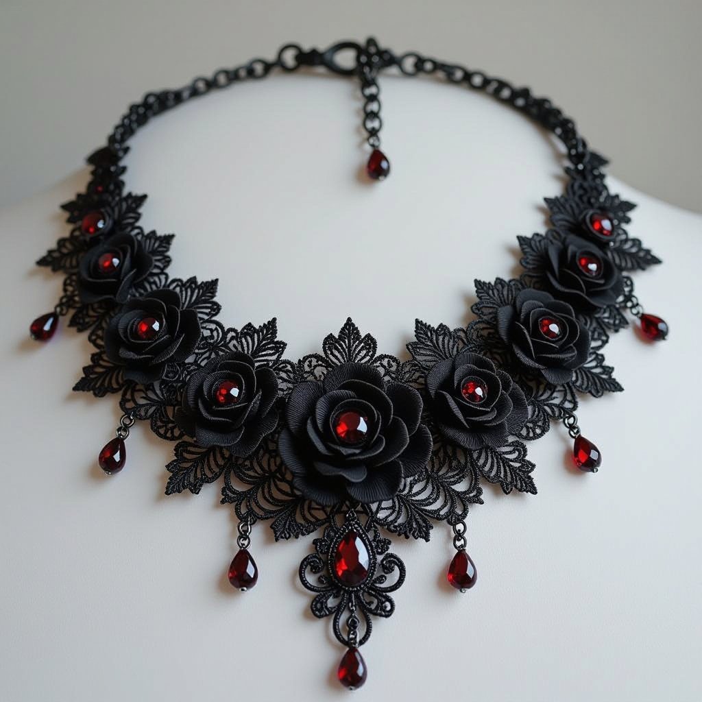 Necklace with black lace  and embroidery black roses with blood red gems