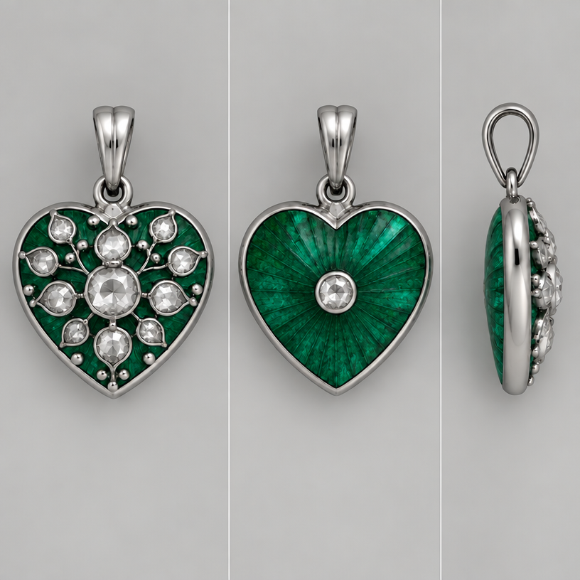 The green colour should be like the Colombian emerald
edit the attached jewelry design with these instructions: The green colour should be like the Colombian emerald. keep it photorealistic, just the design no text