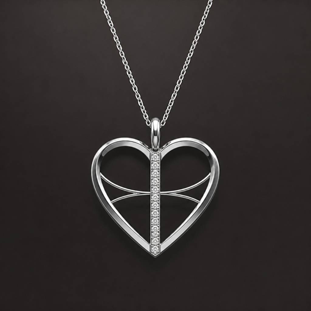 A women's necklace made of silver with diamond stones. metal fin et ligne droite de diamand au milieu du coeur, et a linterieur
photorealistic jewelry design, A women's necklace made of silver with diamond stones. metal fin et ligne droite de diamand au milieu du coeur, et a linterieur, modern style, just the design no text