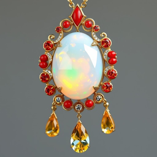 Opal-cut, 15 carat red coral, drop-cut, 15 carat citrine FI IF with Filigree chain