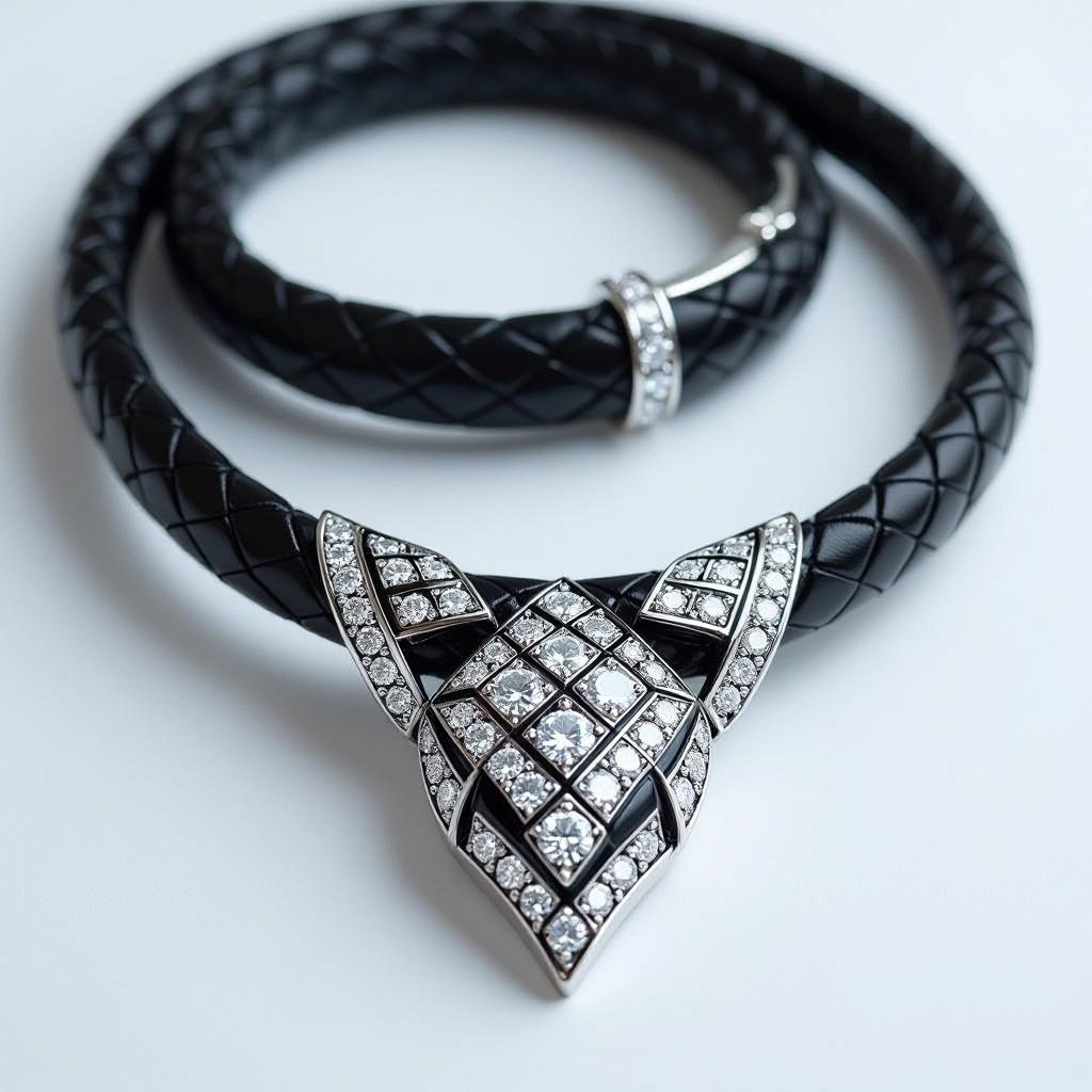 Necklace of geometric snake leather with diamonds of architecture shapes