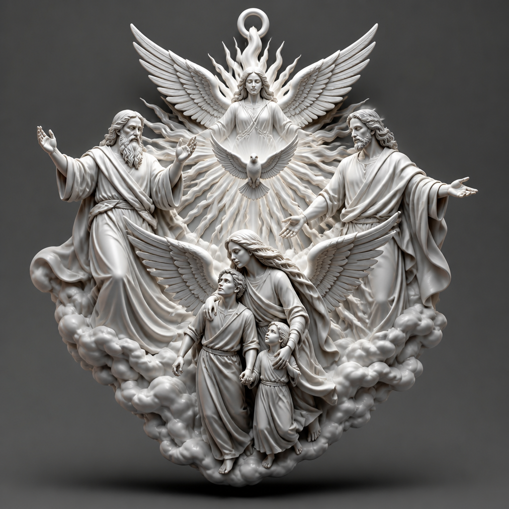 A modern women's pendant made of silver suitable for festival. An extraordinary excellent beautiful delicate and elegant pendant with the Guardian Angel with a beautiful delicate and elegant face, with long hair, with big wings flying, with a beautiful delicate elegant and with beautiful curves at her body, with a beautiful delicate and elegant tunic holding a child and an adult with its hands protecting them and guiding them on the way of the Holy Trinity. Sawing the way of the Holy Trinity in front of them God the Father, God the Son and God the Holy Spirit, the Holy Spirit to be as an Angel with a dove under the Angel surrounded by tongues of fire radiating light to the persons and the Guardian Angel, without the surrounding metals of the pendant. All the persons and the surrounding area to be 3D like statues.