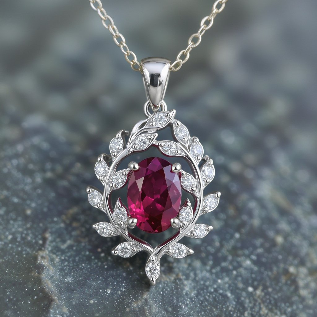 7x5mm oval pigeon blood ruby with 8 marquis cut diamonds each .08ct set in white gold pendant 