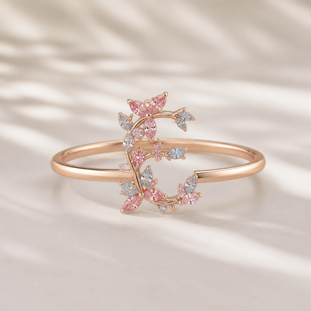 A nature-inspired women's ring, ultra-minimalist, very simple and clean, understated, no embellishments. anel de 15 anos com inicial E com pedras rosa dentro com azul e rosa em volta
photorealistic jewelry design, A nature-inspired women's ring, ultra-minimalist, very simple and clean, understated, no embellishments. anel de 15 anos com inicial E com pedras rosa dentro com azul e rosa em volta, nature_inspired style, just the design no text