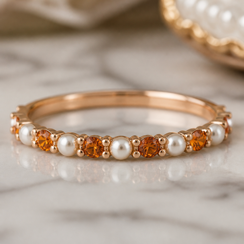 Thin rose gold band with burnt orange diamonds with transparent pearls with mini gold pearls separating the pearls and burnt orange diamonds.
photorealistic jewelry design, Thin rose gold band with burnt orange diamonds with transparent pearls with mini gold pearls separating the pearls and burnt orange diamonds. , royal style, just the design no text