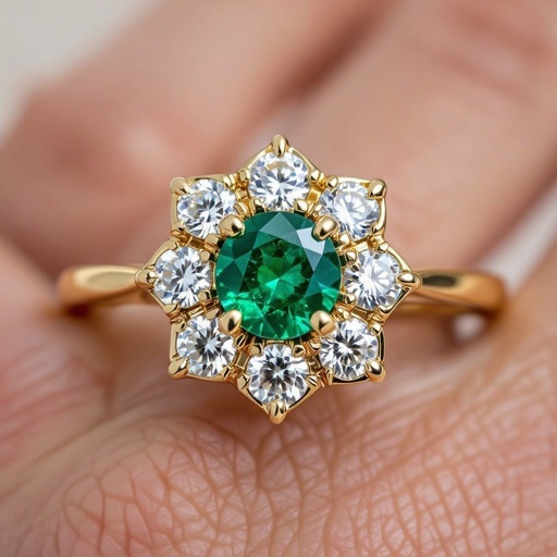 Anillo en oro con esmeralda trapiche con redonda y solo seis diamantes al rededor que forme un hexágono en el metal