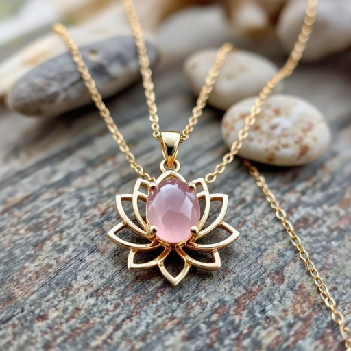 Золотая матовая цепочка. Подвеска лотос шесть лепестков. В сердце лотоса матовый розовый кварц овальный