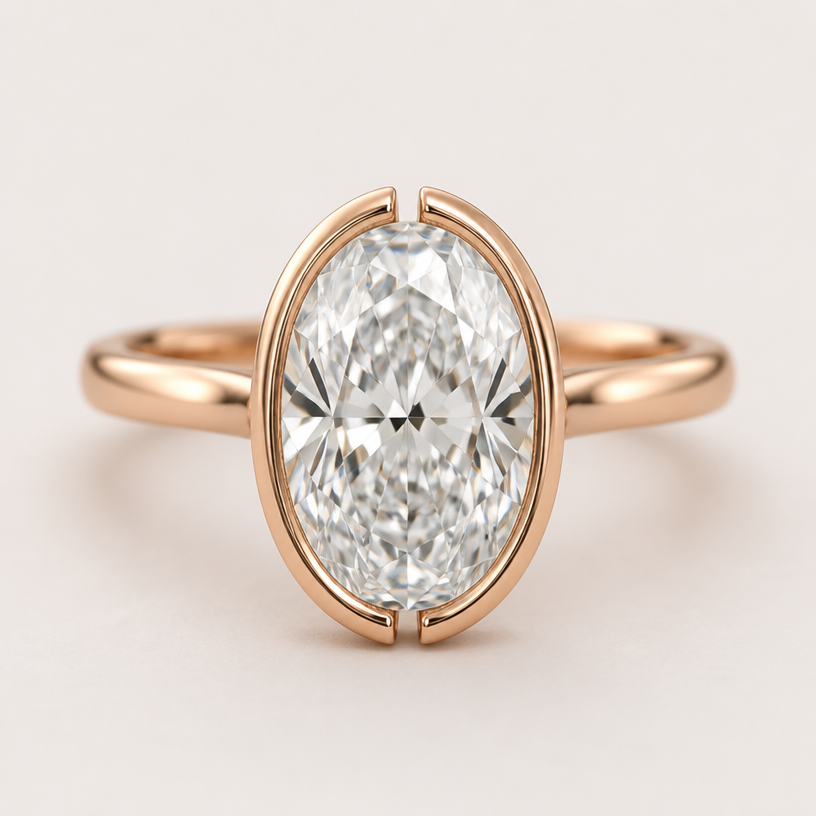 A women's ring. 4mm rose gold band
10 ct oval 1.45 ratio, 16x11mm
split bezel on north south of the bezel
using the attached image as a visual reference, create A women's ring. 4mm rose gold band
10 ct oval 1.45 ratio, 16x11mm
split bezel on north south of the bezel. photorealistic, just the design no text