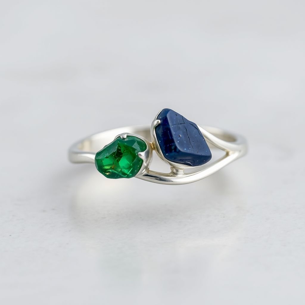 Design silver adjustable ring, use minimum silver, use 2 raw natural gemstones 