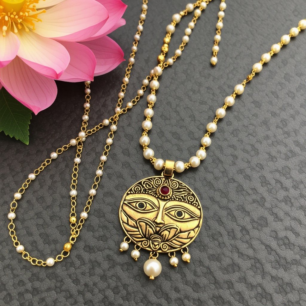 Кулон на длинной цепочке. Матовое светлое золото. В цепочке небольшие золотые шарики и жемчуг. Кулон в виде двух глаз над ними лотос с маленьким красным камнем внутри узоры завитушки 