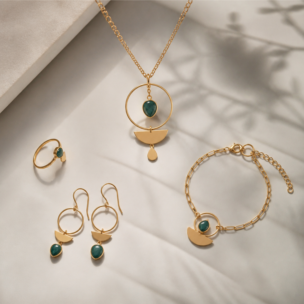 طراحي سرويس طلاي مينيمال و خاص با اشكال هندسي و سنگ هاي بكار رفته شده
photorealistic jewelry design, طراحي سرويس طلاي مينيمال و خاص با اشكال هندسي و سنگ هاي بكار رفته شده, bohemian style, just the design no text