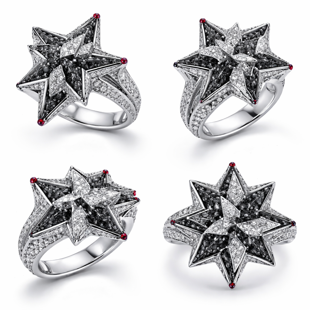 Modern edges of geometric star ring of different angles and shapeswith black diamonds and white diamonds and small red stones of white background of unique stat design