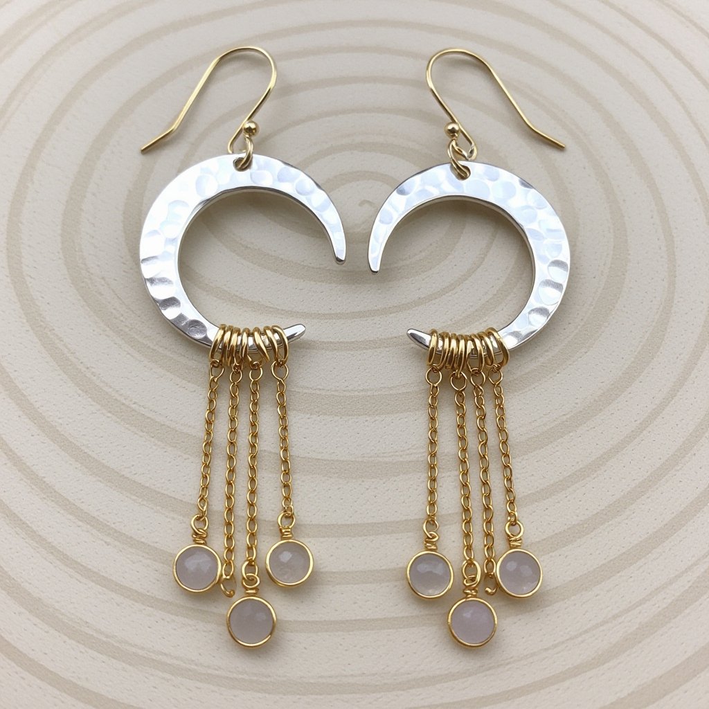Серебряные серьги словно мятое серебро в форме полумесяца. Верхушка полумесяца крепится к застежке серьги.  От полумесяца идет три цепочки золотого цвета, у каждой на конце мелкий камушек лунный камень