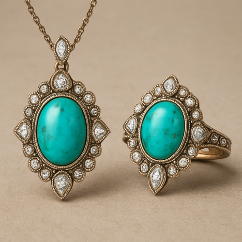 to design a pendant and a ring featuring the main turquoise incorporating round, marquise, and pear-shaped diamonds as additional elements. more unique