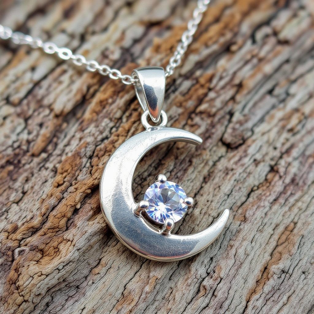 Луна полумесяцем и маленький в виде кристала лунный камень подвеска