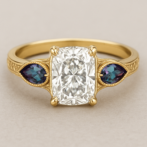 2 carat elongated cushion cut diamond engagement yellow gold ring with marquise shaped alexandrite side stones 
