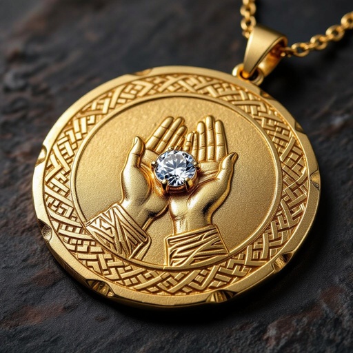 Золотой матовый медальон похожий на мятую монету с неровными краями. По кругу выгравированы изящные узоры. В центре символически изображены ладони, сложенные в молитве и от них исходит свет