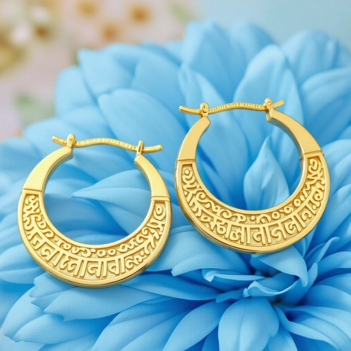 Серьги золотые в форме полукруга, полукруг как продолжение застежки, на полукруге надписи мантрами на санскрите