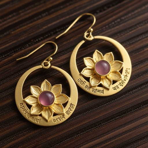 Gold-colored matte ring earrings. The diameter is 1 cm. Pendant in the form of a flat lotus with 6 petals. In the center of the lotus is a rose quartz stone. There are mantras in Sanskrit in small print on the petals.