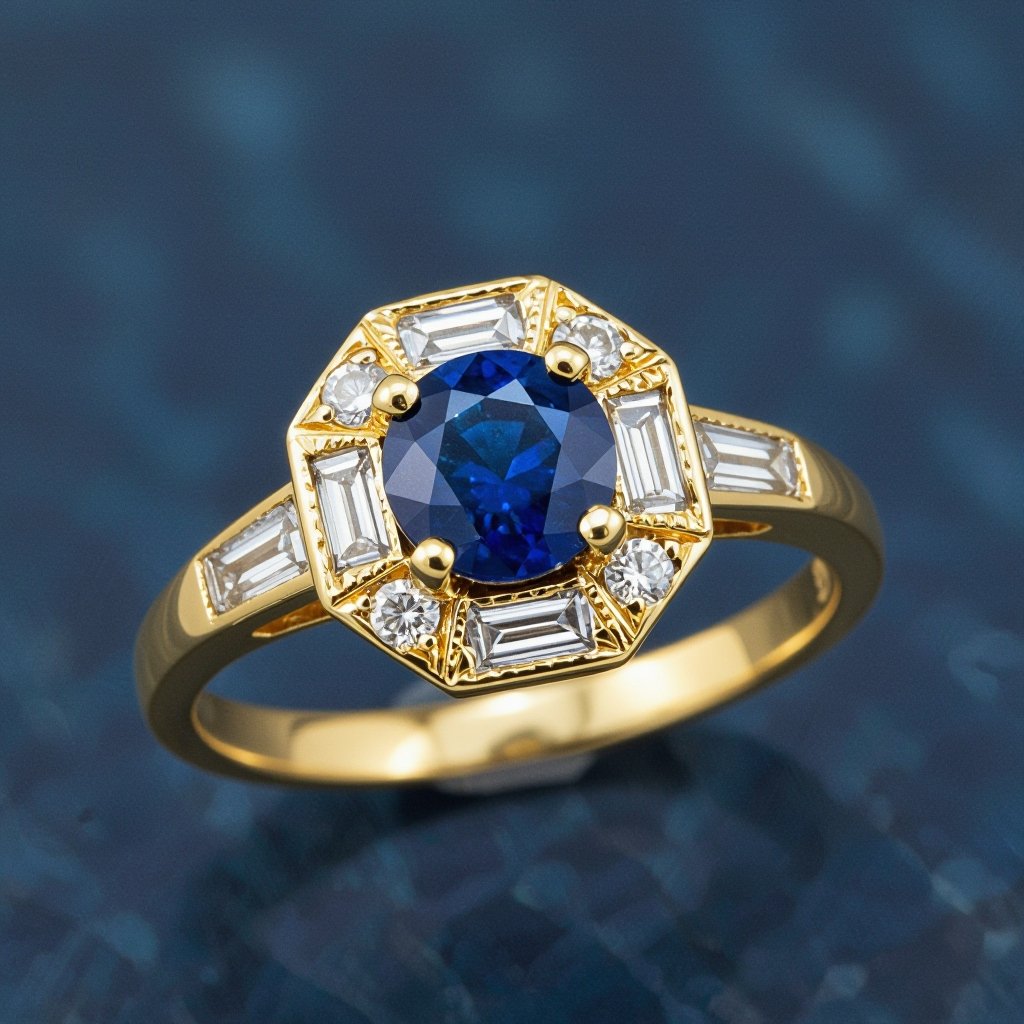 Gold ring with a round blue Sapphire set in prong setting