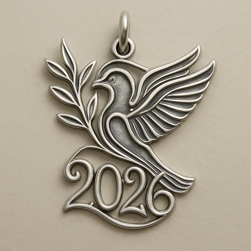 Slim Silver cut-out charm blending together only the two spread out wings of a bird, an olive branch and  along year 2026