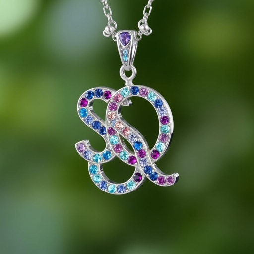 silver necklace with the pendant in letter SQ in a unique way with stones 