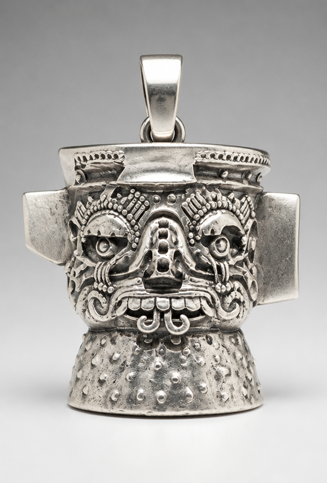 Sketch to design: Create a pendant in silver of the statue in this image. Make it with a hollow back.
Turn this jewelry sketch into a photorealistic photograph of the finished piece, professionally lit on a clean display surface. Stay faithful to the sketch's design, proportions and details. No text, no annotations, just the finished jewelry photograph. Metal, stones and finish directions: Create a pendant in silver of the statue in this image. Make it with a hollow back..