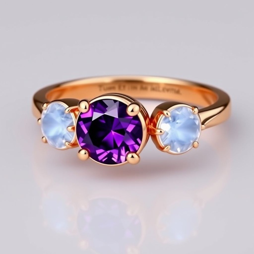 A simple, three stone 18 karat rose gold engagement ring set with a circular purple alexandrite. Also set with a small half moon blue chalcedony on one side right next to it, and a small half moon moonstone set on the other side right next to it. On the inside of the band, it has an inscription reading, “Tuum. Et in hac vita et in altera.”