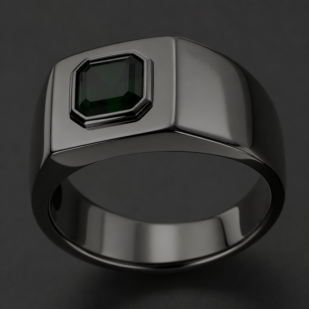 - men’s ring
- made in platinum
- black rhodium polishing.
- polished right after casting.
- only 1 stone mounted on a bazel.
- bazel is finely filed.
- stone is a very dark emerald. 0.5ct. square octagon shape. loupe clean
photorealistic jewelry design, - men’s ring
- made in platinum
- black rhodium polishing.
- polished right after casting.
- only 1 stone mounted on a bazel.
- bazel is finely filed.
- stone is a very dark emerald. 0.5ct. square octagon shape. loupe clean , just the design no text