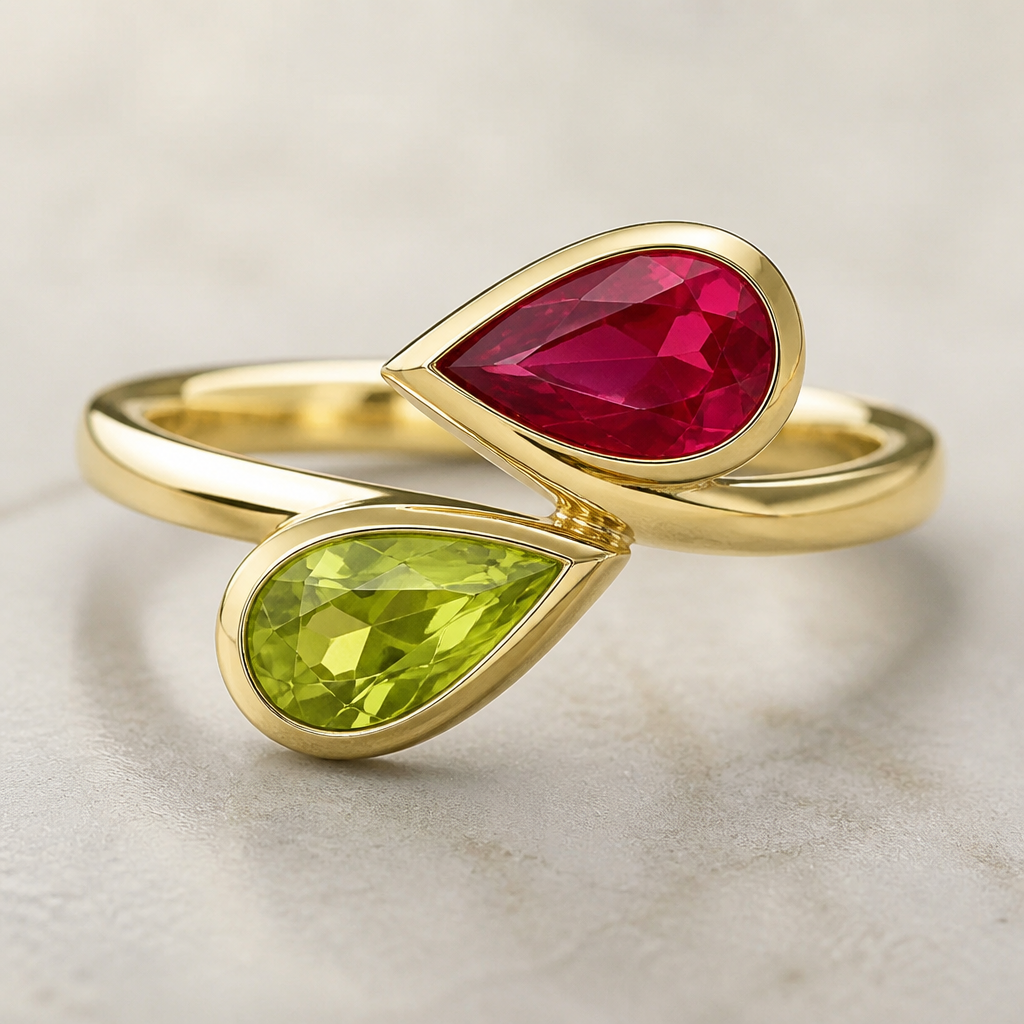 A women's ring. a gold ring with pear ruby and pear peridot
photorealistic jewelry design, A women's ring. a gold ring with pear ruby and pear peridot, modern style, just the design no text