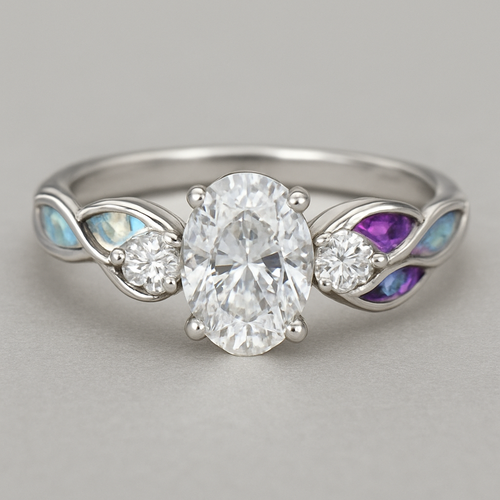 A silver engagement ring that has an oval lab diamond in the center and one on each side of the center one with a leaf design for the band. The leaves should have a combo of opal and amethyst stones in them.  The band should be a twist design 