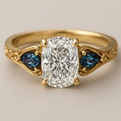 2 carat elongated cushion cut diamond engagement ring with double claw prongs in yellow gold ring with marquise shaped alexandrite side stones 