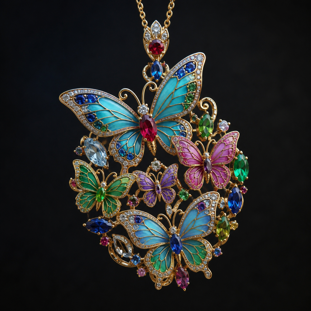 A romantic women's pendant with ruby and sapphire and emerald and turquoise and aquamarine stones. pendant 4 ore 5 butterfly diferența dimension with email color
photorealistic jewelry design, A romantic women's pendant with ruby and sapphire and emerald and turquoise and aquamarine stones. pendant 4 ore 5 butterfly diferența dimension with email color, romantic style, just the design no text